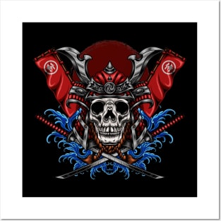 skull head with samurai helmet and katana sword Posters and Art